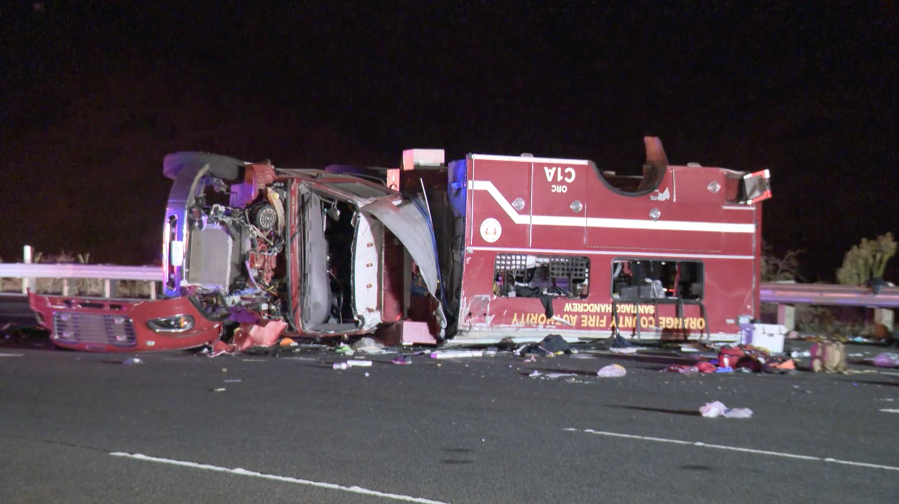 Multiple patients were airlifted to the hospital after a Orange County Fire Authority truck crashed on the 241 Freeway on Sept. 19, 2024. (KTLA)